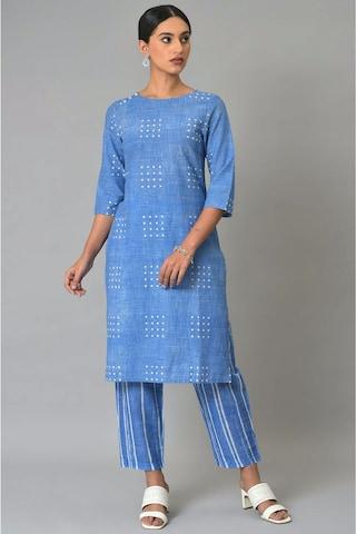 medium blue printed casual round neck 3/4th sleeves ankle-length women regular fit pant kurta set