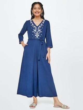 medium blue printeded v neck casual full length 3/4th sleeves women flared fit jumpsuit