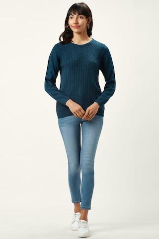 medium blue self design casual full sleeves crew neck women regular fit sweater