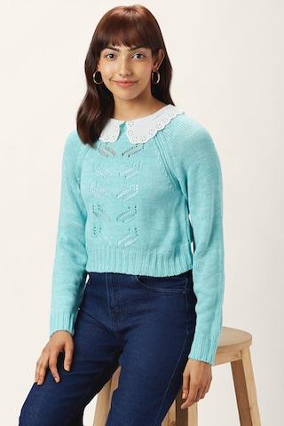 medium blue self design casual full sleeves peter pan collar women regular fit sweater