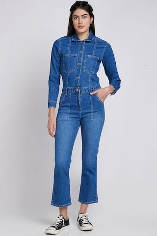 medium blue solid ankle-length casual women bootcut fit jumpsuit