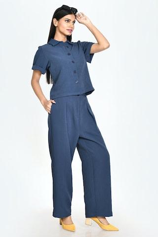 medium blue solid ankle-length casual women regular fit trousers