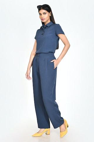 medium blue solid ankle-length casual women regular fit trousers