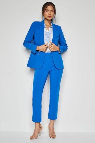 medium blue solid formal women tapered fit blazer
