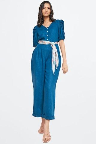 medium blue solid v neck casual ankle-length half sleeves women regular fit jumpsuit