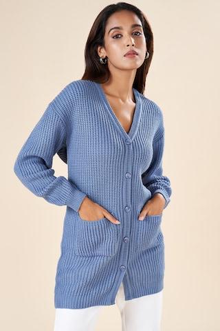 medium blue solid winterwear full sleeves v neck women regular fit  shrug