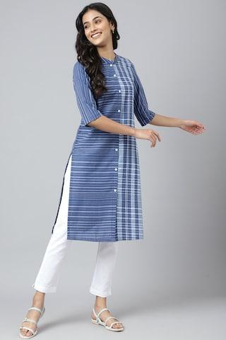 medium blue stripe casual mandarin 3/4th sleeves women regular fit kurta