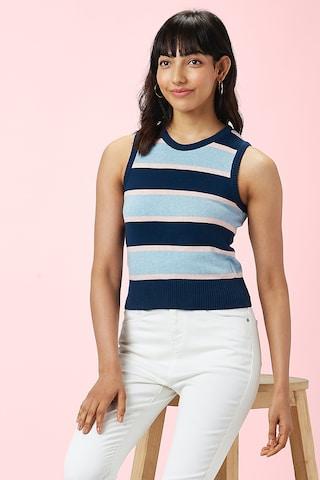 medium blue stripe casual sleeveless crew neck women slim fit t-shirt