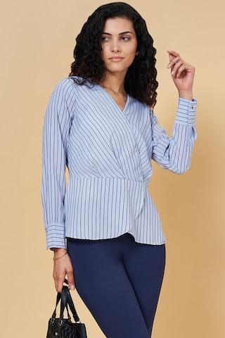 medium blue stripe formal full sleeves v neck women regular fit top
