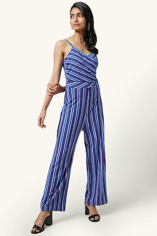 medium blue stripe v neck casual ankle-length sleeveless women regular fit jumpsuit