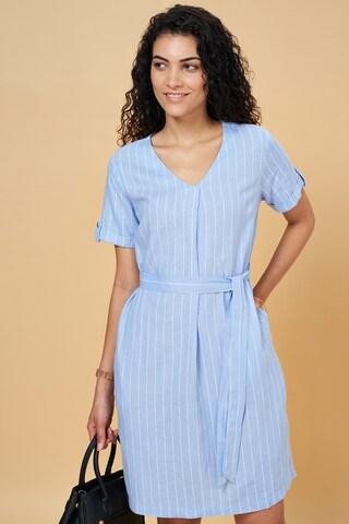 medium blue stripe v neck formal knee length half sleeves women regular fit dress