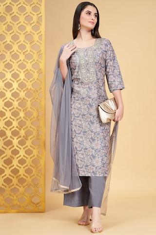 medium grey embroidered ethnic 3/4th sleeves round neck women regular fit  pant kurta dupatta set