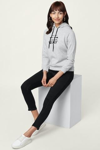 medium grey printed casual full sleeves regular hood women regular fit sweatshirt
