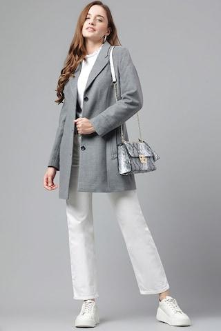 medium grey solid casual full sleeves notch lapel women regular fit overcoat