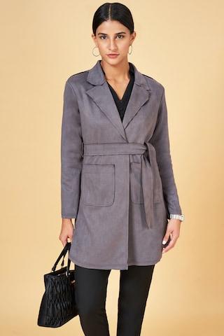 medium grey solid formal full sleeves notch collar women regular fit  jacket