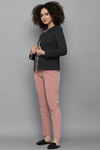 medium grey solid formal full sleeves round neck women regular fit blazer