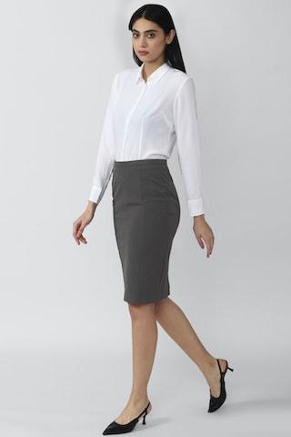 medium grey solid knee length formal women regular fit skirt