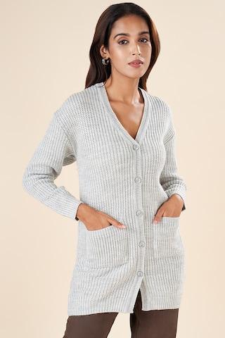 medium grey solid winterwear full sleeves v neck women regular fit  shrug