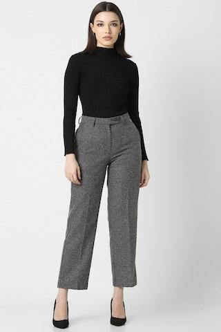 medium grey textured polyester women regular fit trousers