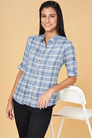medium blue check casual full sleeves regular collar women regular fit  shirt