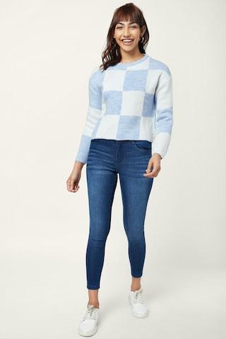 medium blue check casual full sleeves round neck women regular fit sweater