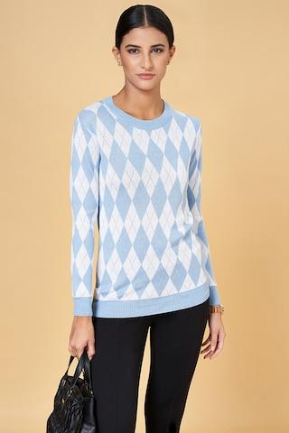 medium blue check formal full sleeves crew neck women regular fit top