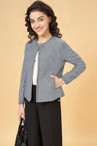 medium blue check formal full sleeves round neck women regular fit jackets