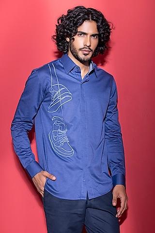 medium blue cotton knit hand embroidered shirt