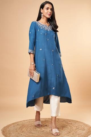 medium blue embroidered ankle-length  ethnic women flared fit  kurta