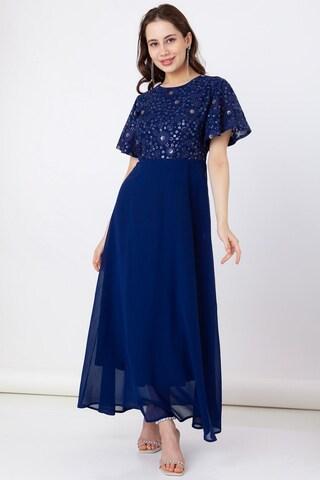 medium blue embroidered ankle-length ethnic women regular fit dress