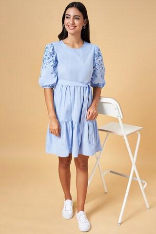 medium blue embroidered calf-length  casual women comfort fit  dress