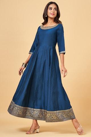 medium blue embroidered calf-length  ethnic women regular fit  dress