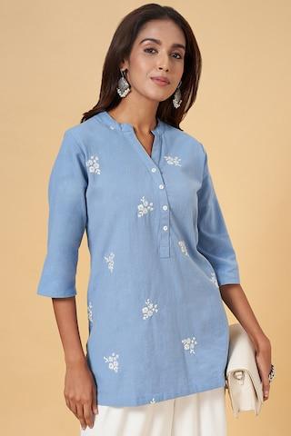 medium blue embroidered casual 3/4th sleeves mandarin women regular fit  tunic