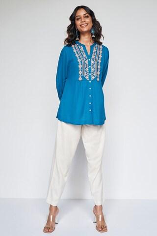 medium blue embroidered casual 3/4th sleeves mandarin women regular fit top