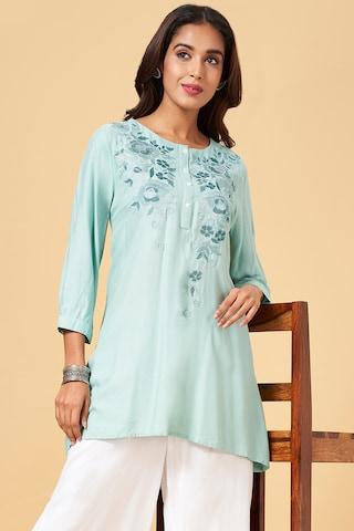 medium blue embroidered casual 3/4th sleeves round neck women regular fit  tunic