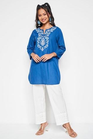 medium blue embroidered casual 3/4th sleeves round neck women regular fit tunic