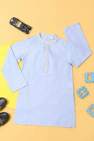 medium blue embroidered casual band collar full sleeves calf-length boys straight fit kurta