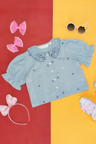 medium blue embroidered casual elbow sleeves peter pan collar girls regular fit  top