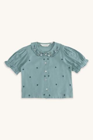 medium blue embroidered casual half sleeves peter pan collar girls regular fit top