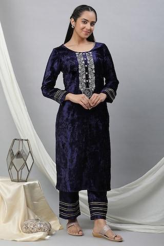 medium blue embroidered ethnic full sleeves round neck women regular fit kurta pant set