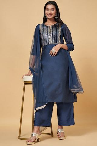 medium blue embroidered ethnic round neck 3/4th sleeves calf-length women regular fit pant kurta dupatta set