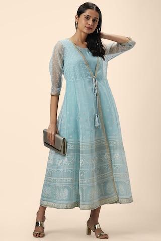 medium blue embroidered round neck ethnic full length 3/4th sleeves women regular fit dress