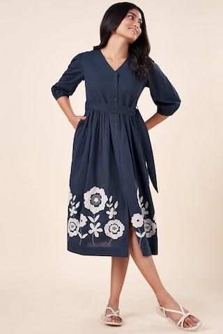 medium blue embroidered v neck casual calf-length elbow sleeves women regular fit ethnic dresses