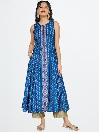medium blue ethnic motifs round neck ethnic sleeveless women regular fit dress