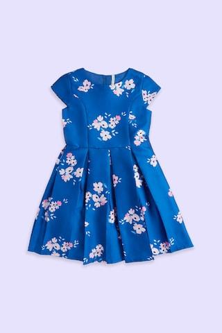 medium blue floral printed round neck party knee length cap sleeves girls regular fit dress
