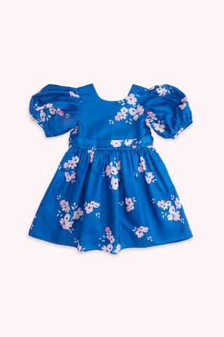 medium blue floral printed round neck party knee length half sleeves girls regular fit dress
