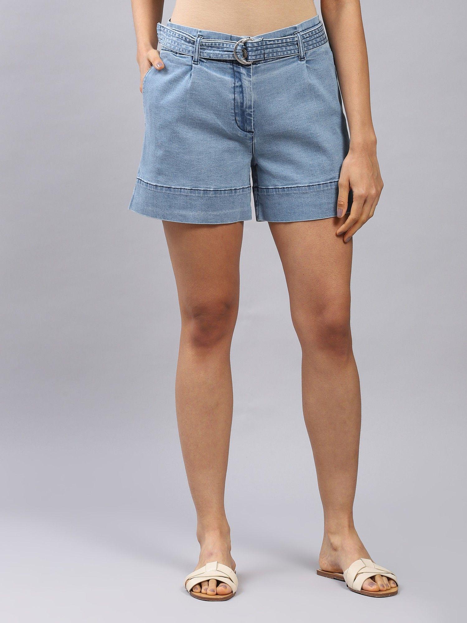 medium blue high-rise denim shorts with belt