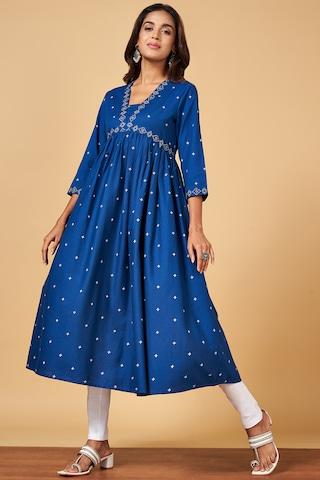 medium blue print calf-length  casual women regular fit  kurta