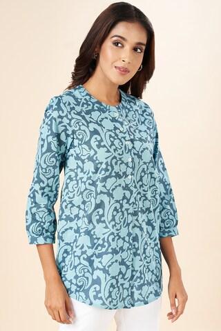 medium blue print casual elbow sleeves mandarin women regular fit  tunic