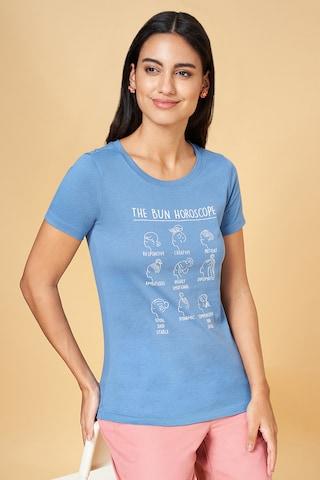 medium blue print casual half sleeves round neck women regular fit  t-shirt